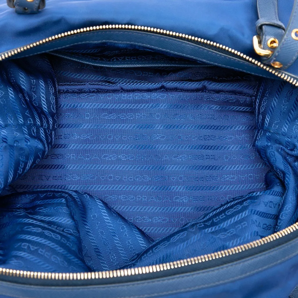 Prada Saffiano Trimmed Tessuto Satchel Blue Very good - Model View