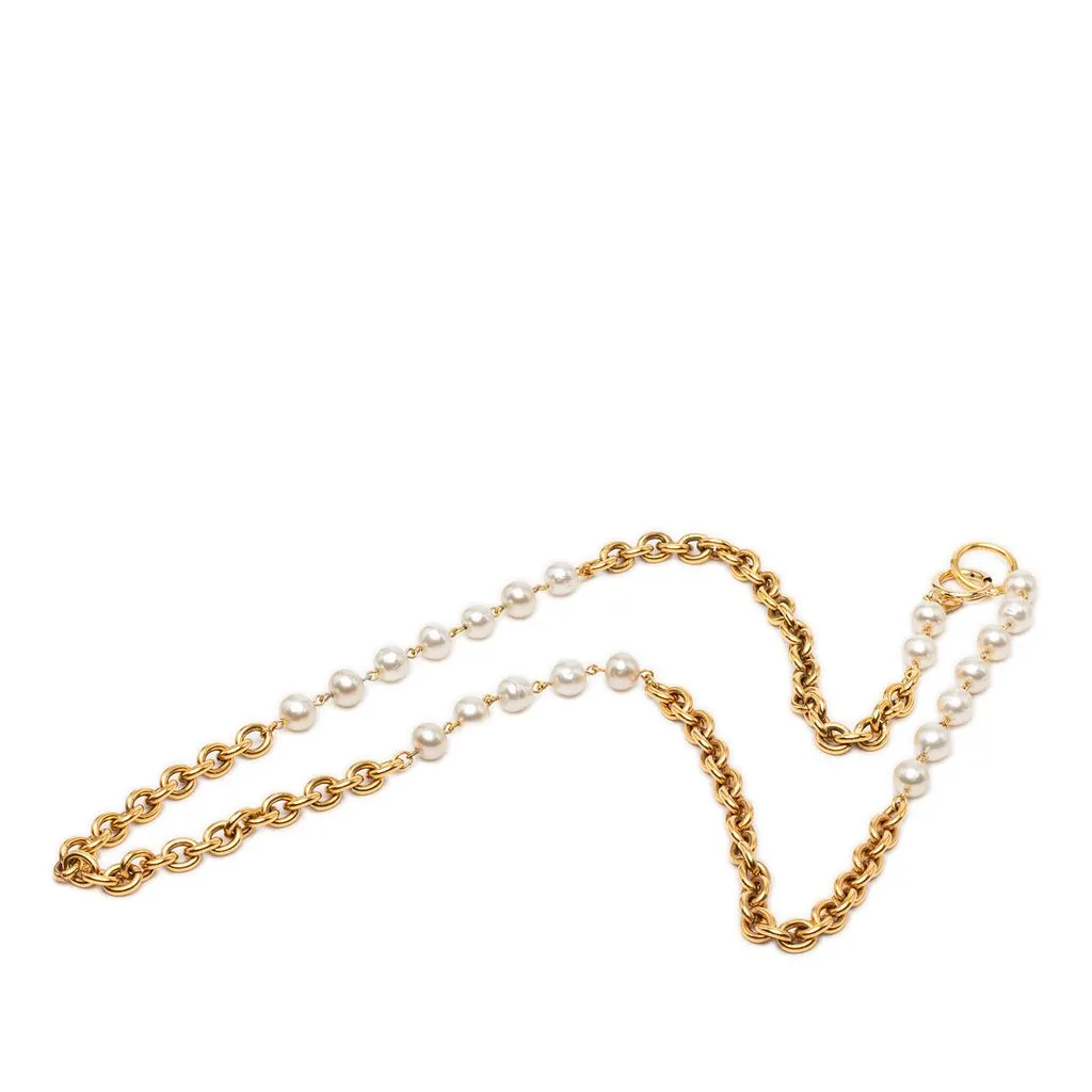 Chanel Gold Plated Faux Pearl Chain Necklace Gold Metal Very good - Front View