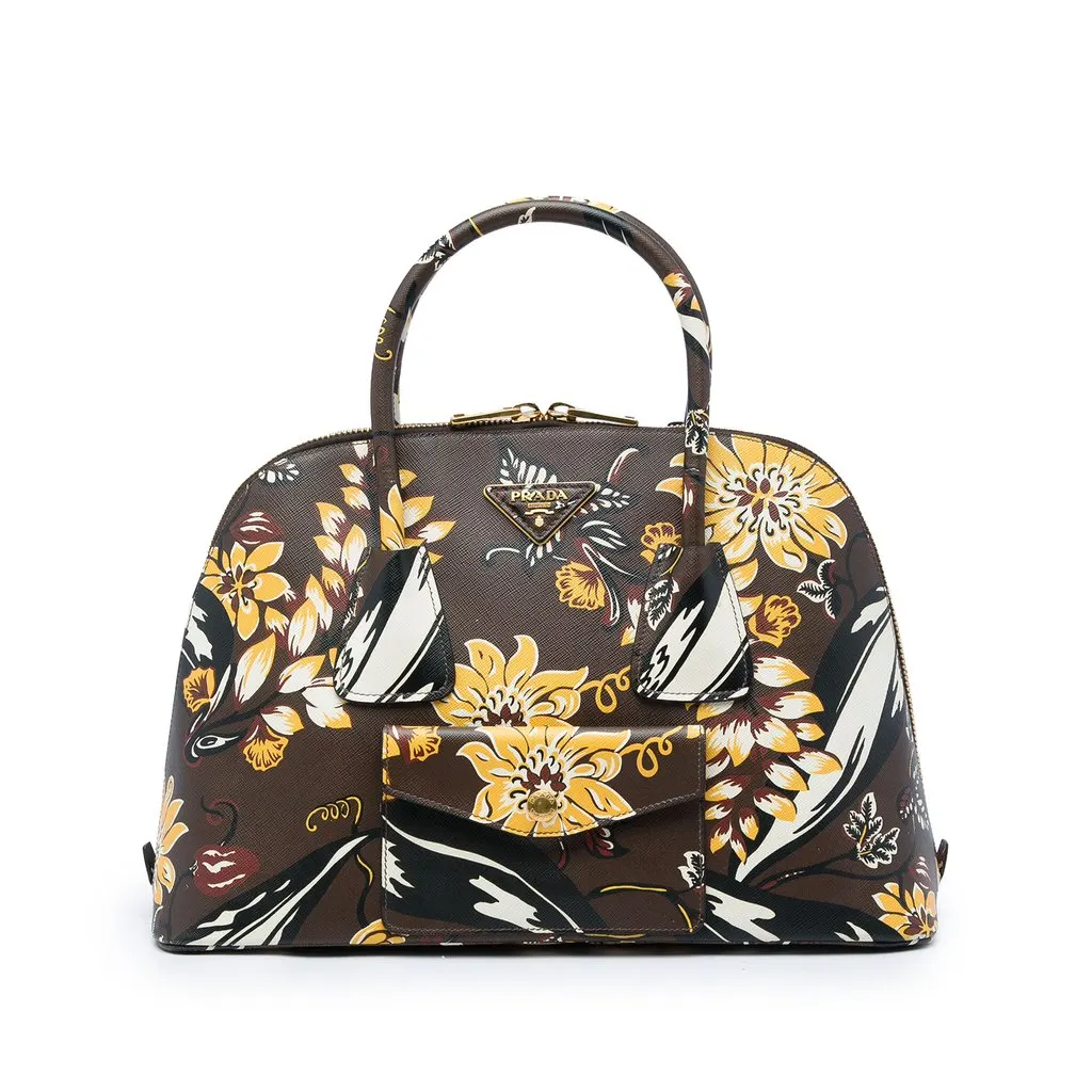 Prada Large Saffiano Lux Floral Print Promenade Front Pocket Satchel Brown Leather Very good - Front View