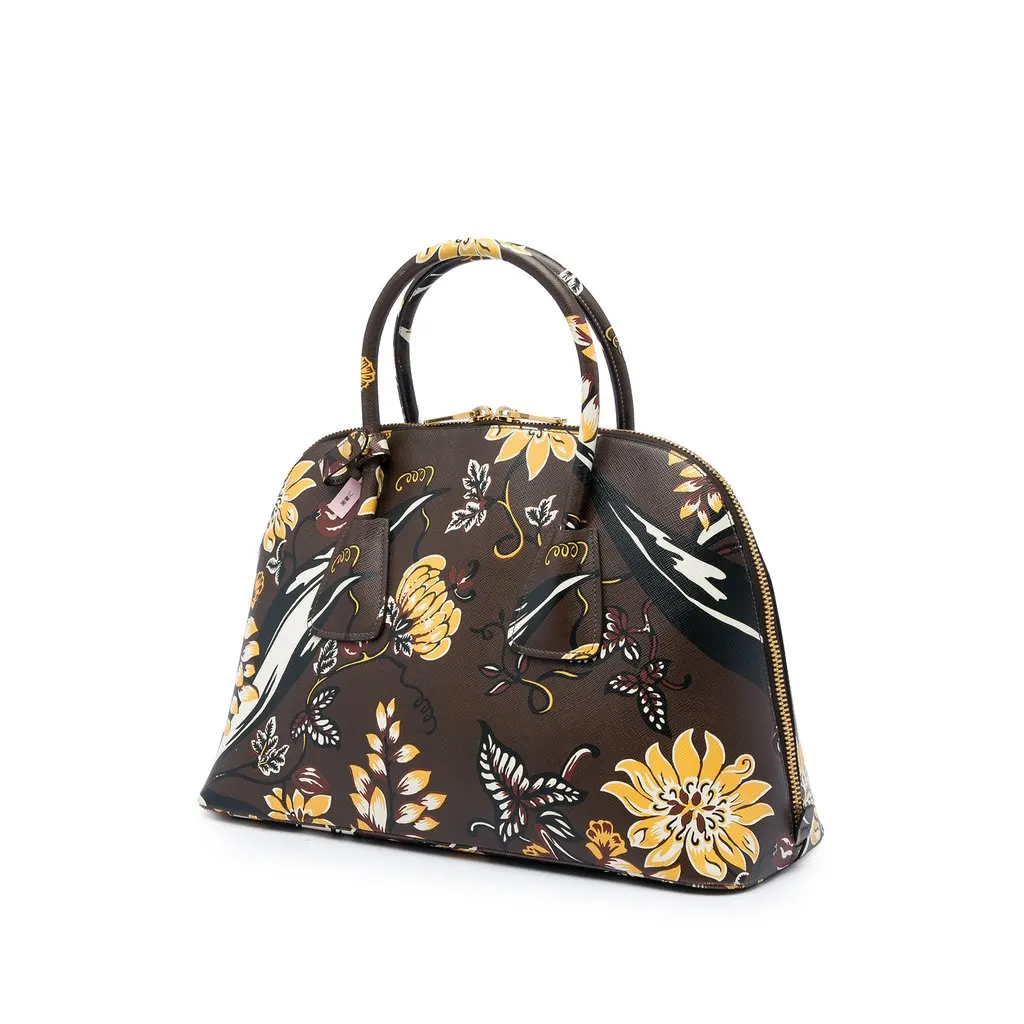 Prada Large Saffiano Lux Floral Print Promenade Front Pocket Satchel Brown Leather Very good - Back View
