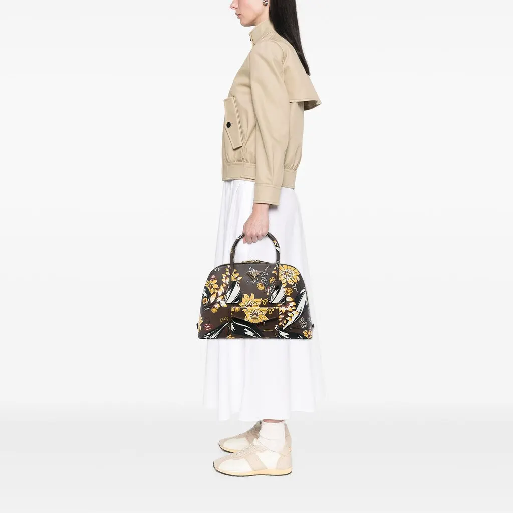 Prada Large Saffiano Lux Floral Print Promenade Front Pocket Satchel Brown Leather Very good - Box View