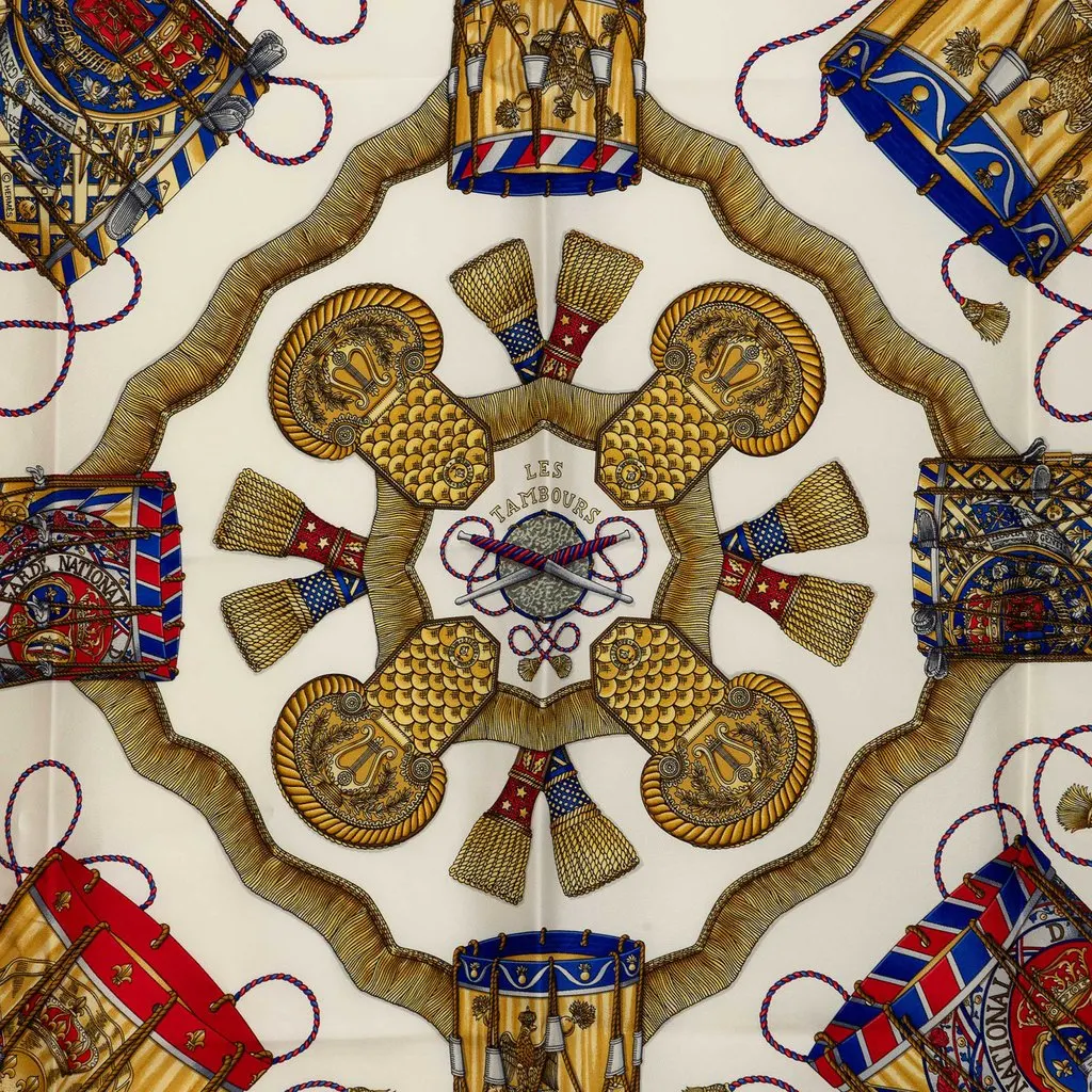 Hermès Les Tambours Silk Scarf 90 White Silk Very good - Back View