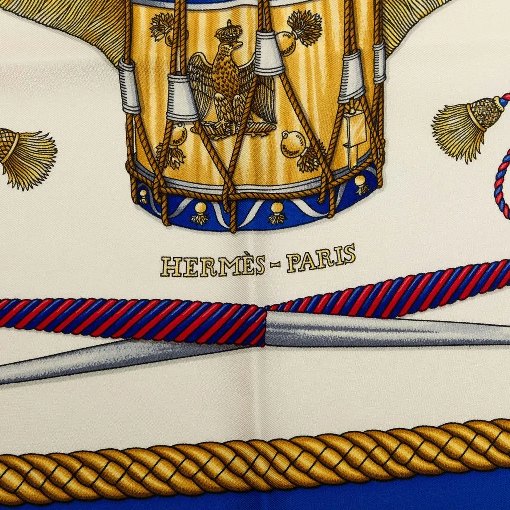 Hermès Les Tambours Silk Scarf 90 White Silk Very good - Inside View