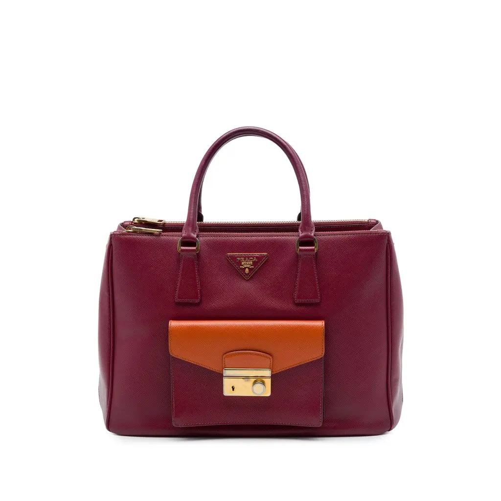 Prada Bicolor Saffiano Lux Galleria Double Zip Front Pocket Satchel Red Leather Good - Front View