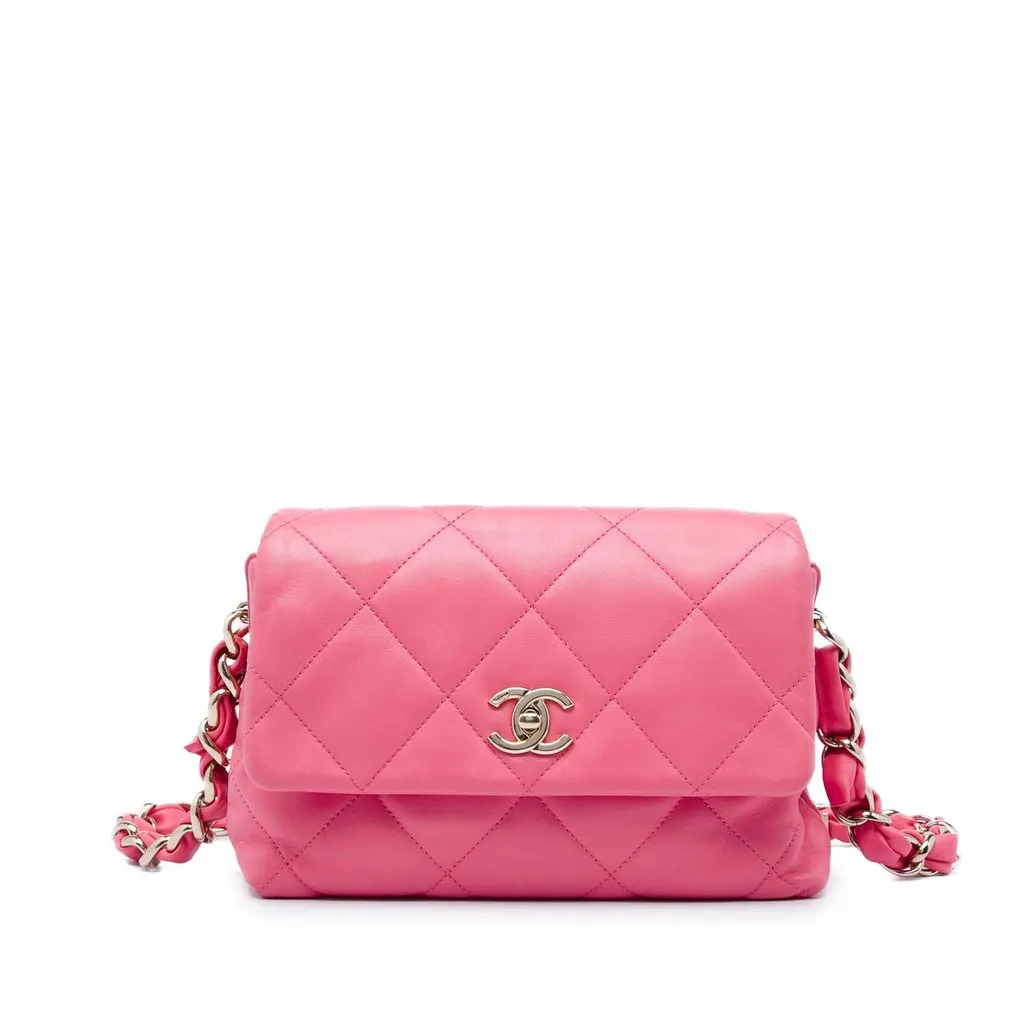 Chanel Small Quilted Lambskin Logo Chain Strap Flap Pink Leather Very good - Front View