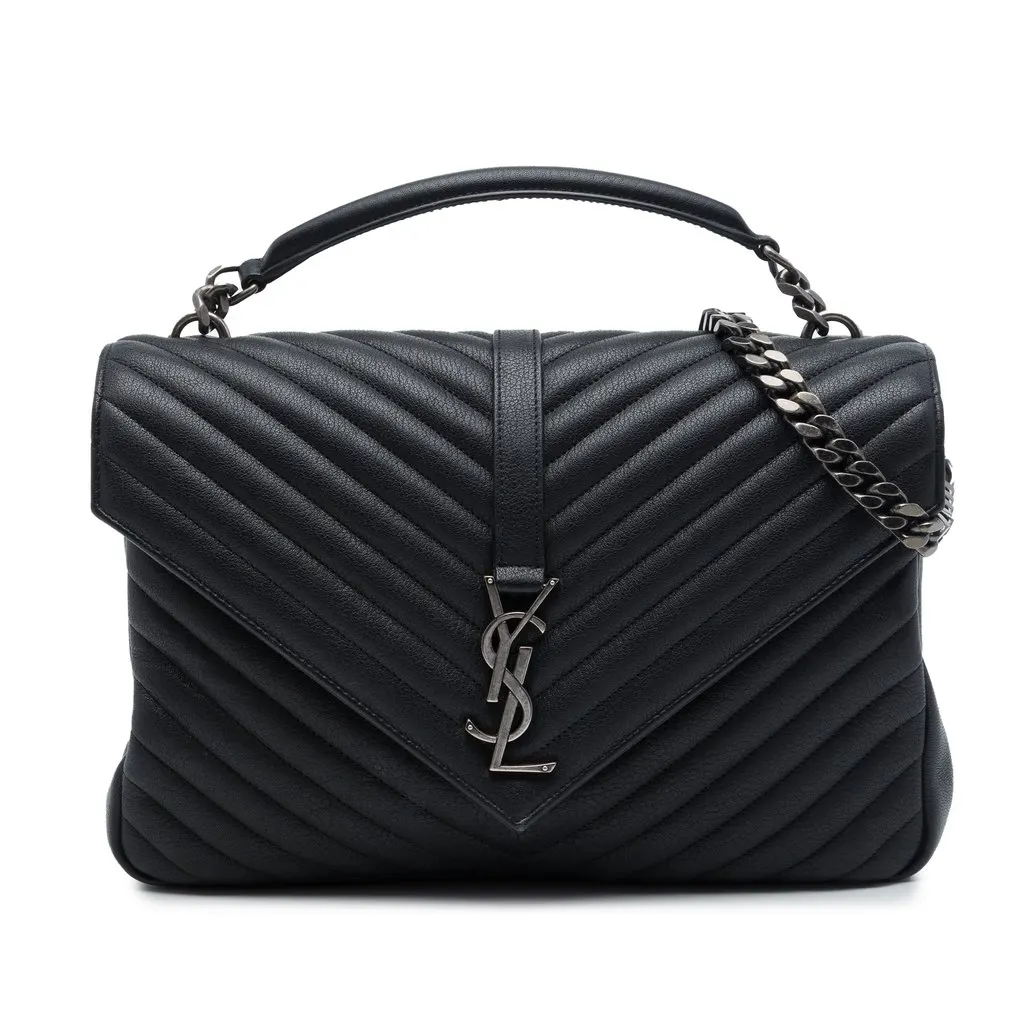 Saint Laurent Large Chevron Sheepskin Monogram College Satchel Black Leather Good - Front View