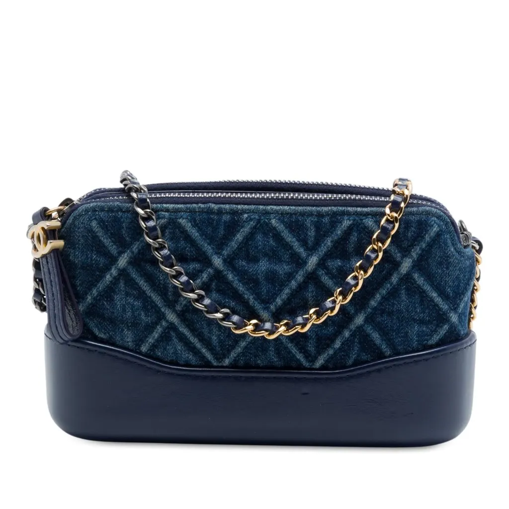 Chanel Quilted Denim Gabrielle Double Zip Clutch with Chain Blue Very good - Front View