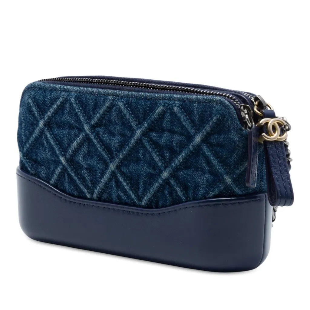 Chanel Quilted Denim Gabrielle Double Zip Clutch with Chain Blue Very good - Back View
