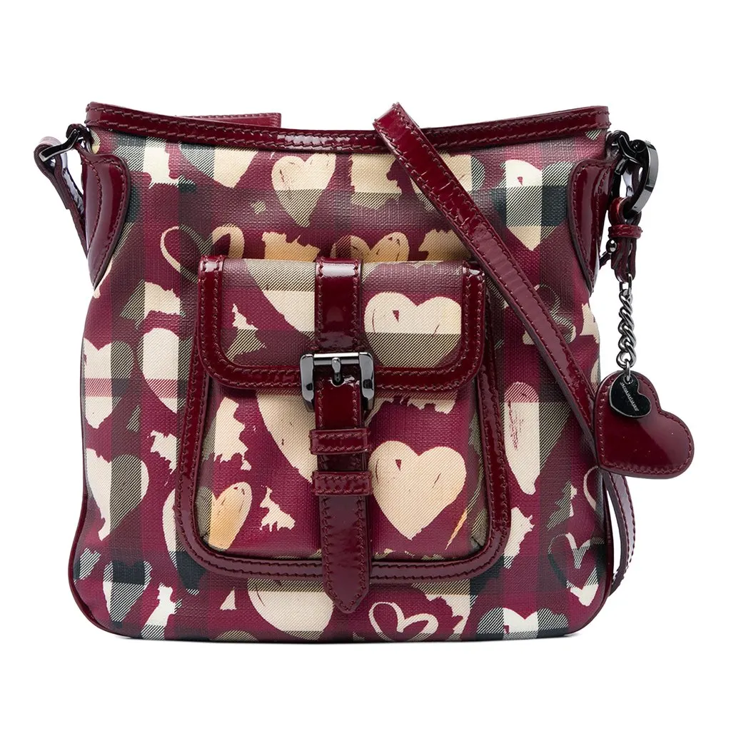 Burberry House Check Coated Canvas Hearts Crossbody Beige Canvas Good - Front View