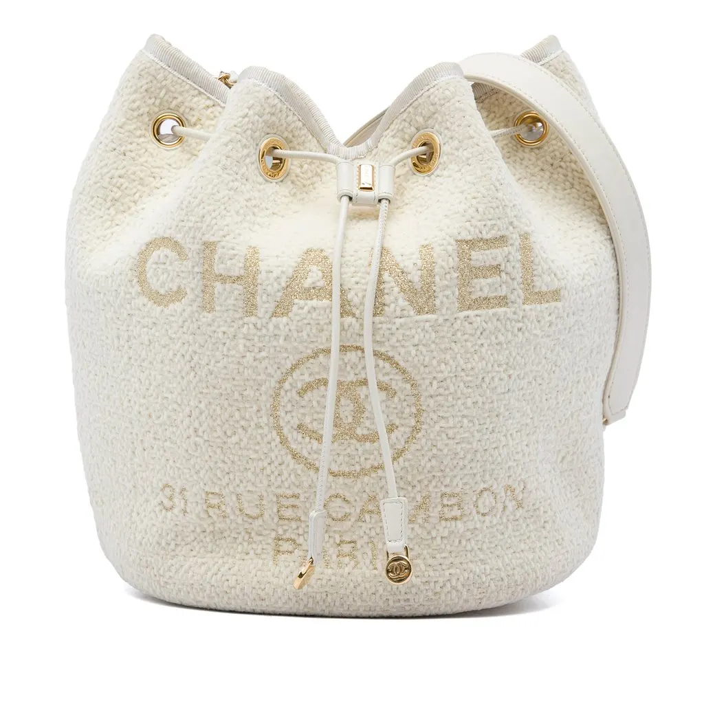 Chanel Small Tweed Deauville Drawstring Bucket Bag White Very good - Front View