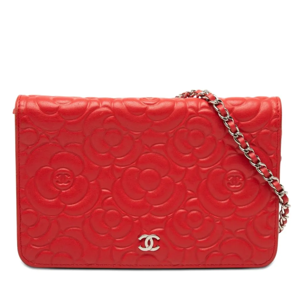 Chanel CC Embossed Lambskin Camellia Wallet On Chain Red Leather Very good - Front View