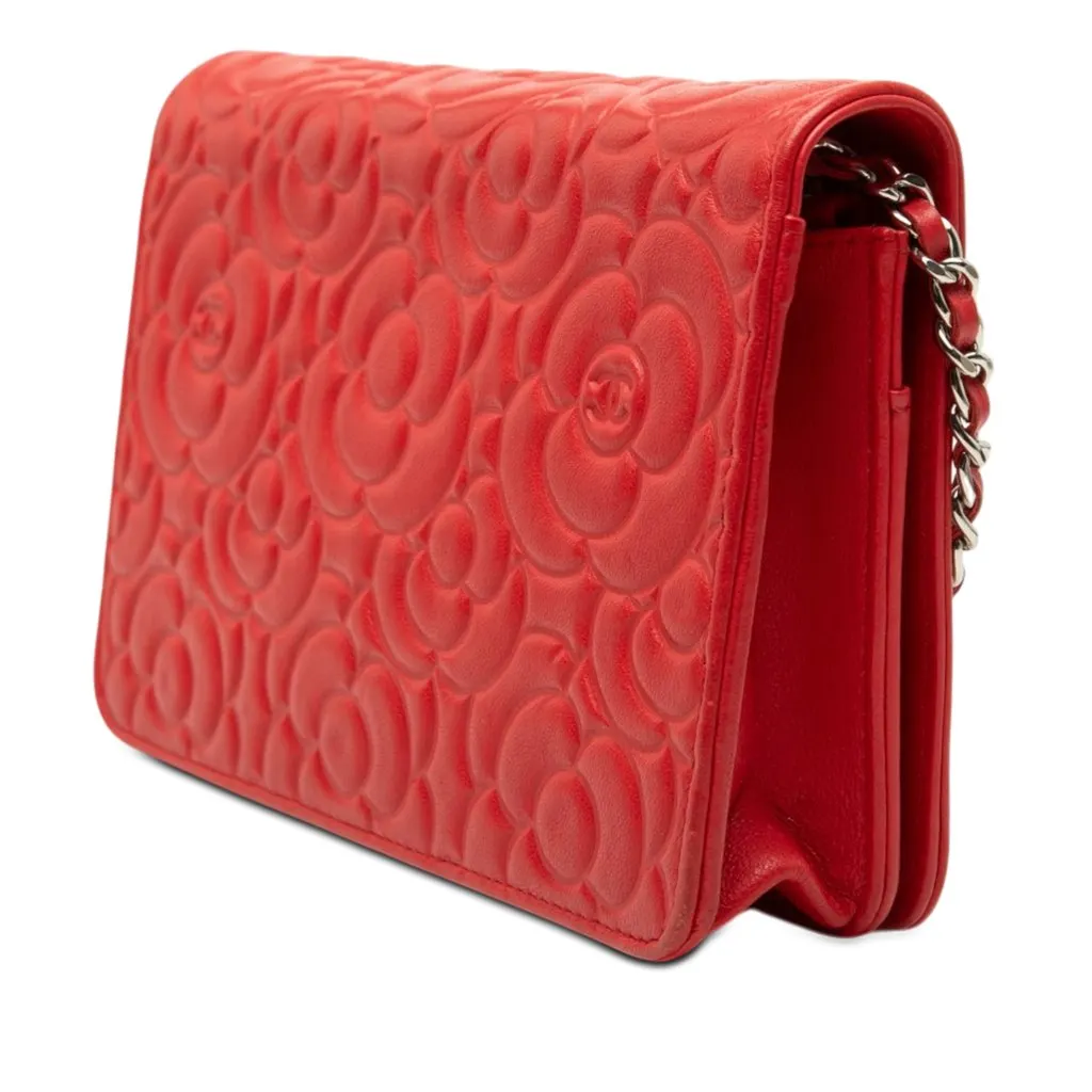 Chanel CC Embossed Lambskin Camellia Wallet On Chain Red Leather Very good - Back View