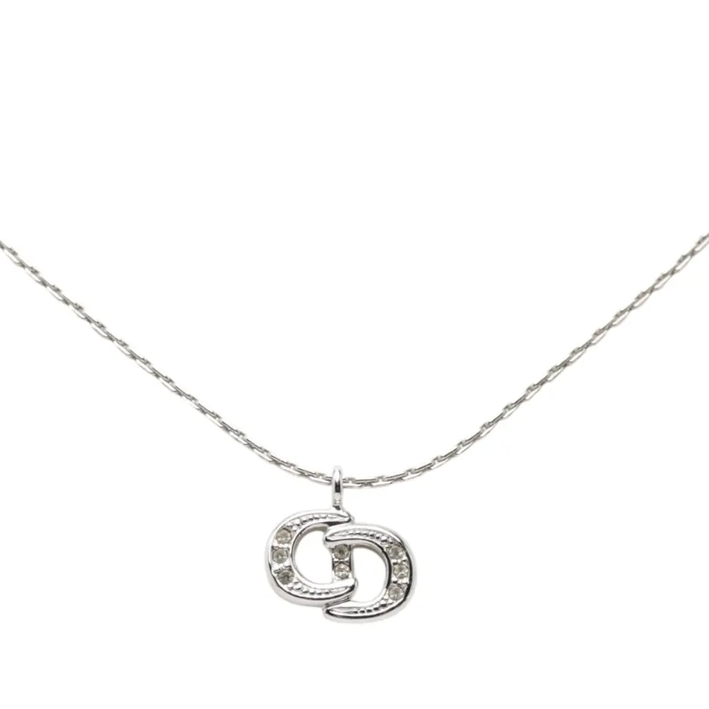 Dior Brass and Strass CD Logo Pendant Necklace Silver Metal Very good - Back View