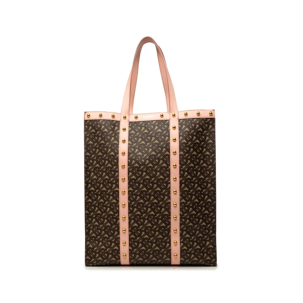 Burberry TB Monogram E Canvas and Studded Leather Vertical Tote Brown Canvas Very good - Front View