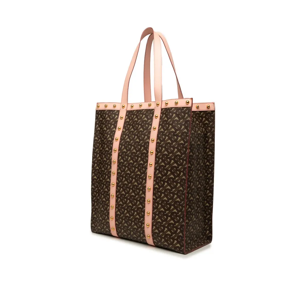 Burberry TB Monogram E Canvas and Studded Leather Vertical Tote Brown Canvas Very good - Back View