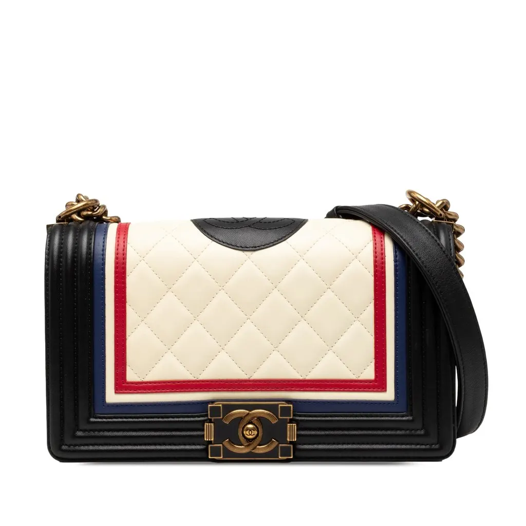 Chanel Old Medium Multicolor Quilted Lambskin Crest Boy Flap White Leather Very good - Front View