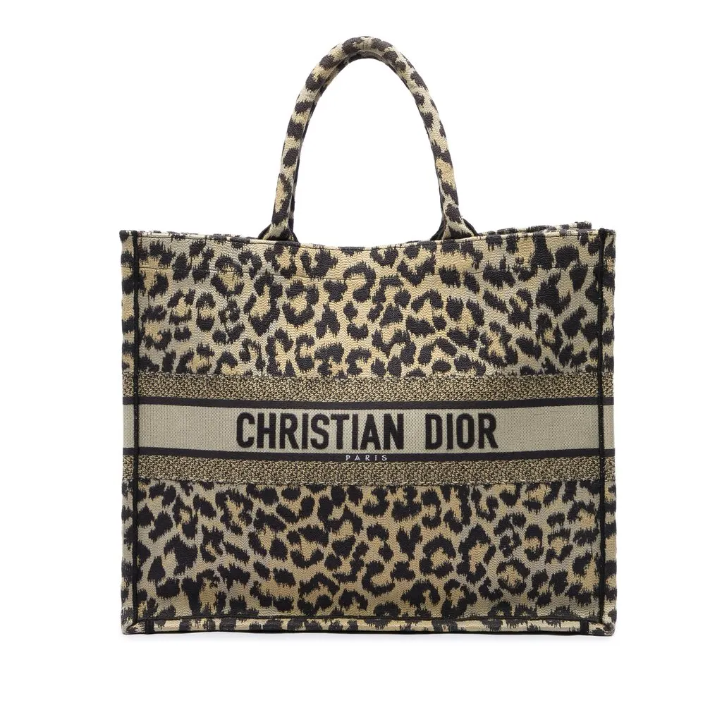Dior Mizza Large Embroidered Canvas Leopard Book Tote Brown Canvas Good - Front View