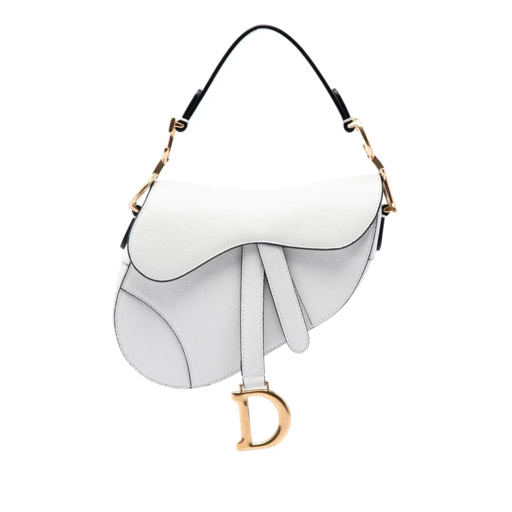 Dior Mini Grained Calfskin Saddle Bag White Leather Very good - Front View
