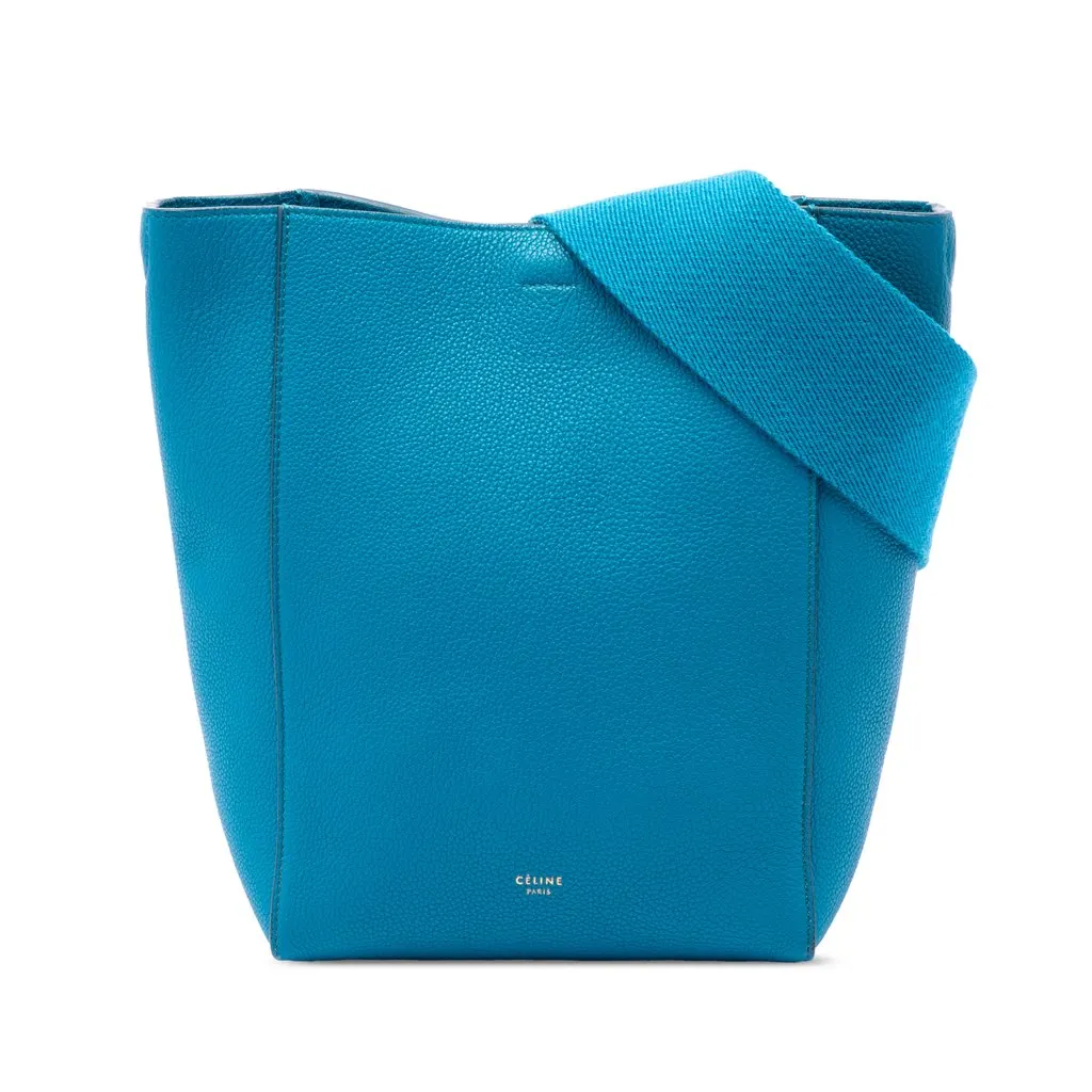 Celine Small Soft Grained Calfskin Seau Sangle Bucket Bag Blue Leather Very good - Front View