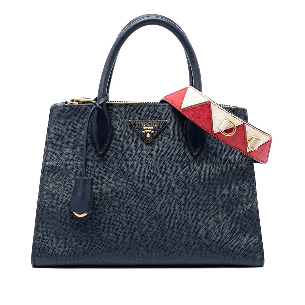 Prada City Calf Trimmed Saffiano Greche Paradigme Bag Blue Leather Very good - Front View