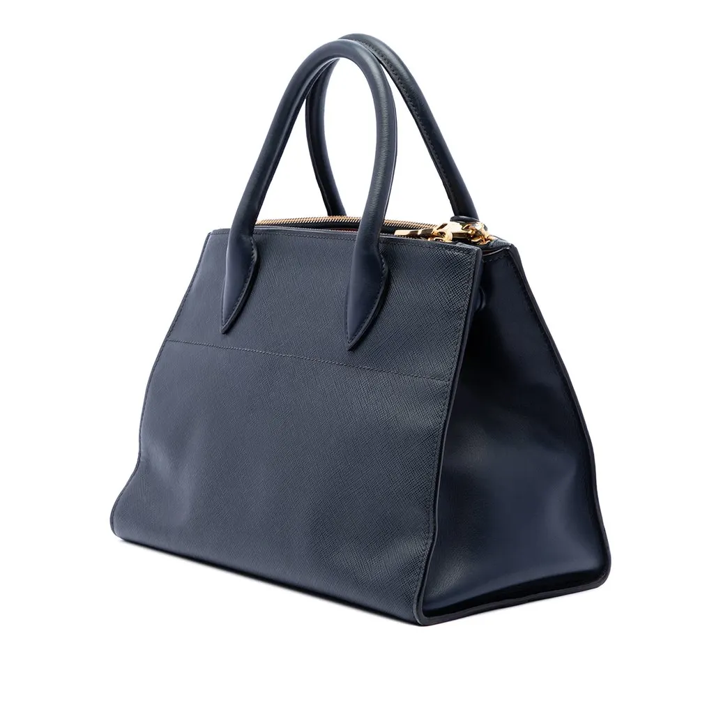Prada City Calf Trimmed Saffiano Greche Paradigme Bag Blue Leather Very good - Back View