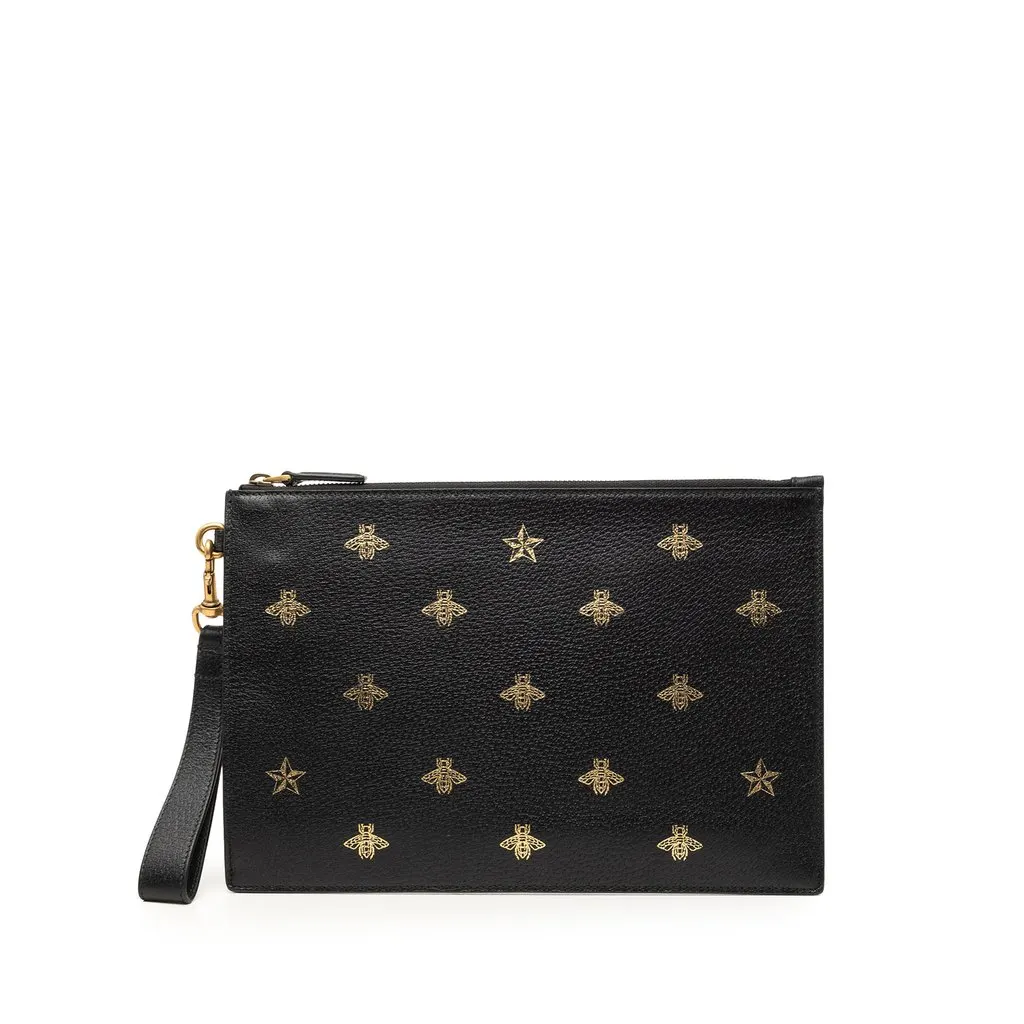 Gucci Calfskin Bee Star Clutch Black Leather Very good - Front View