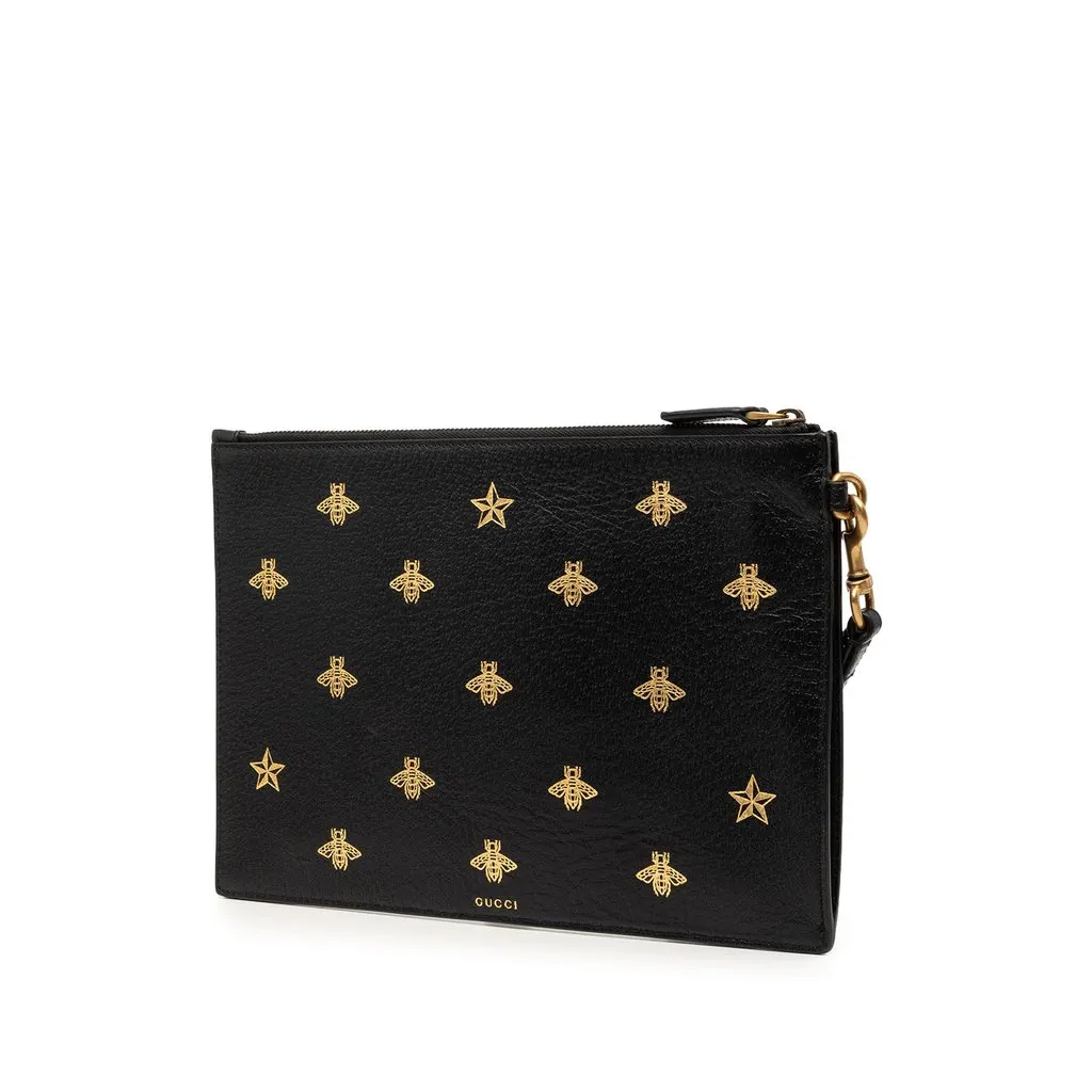 Gucci Calfskin Bee Star Clutch Black Leather Very good - Back View