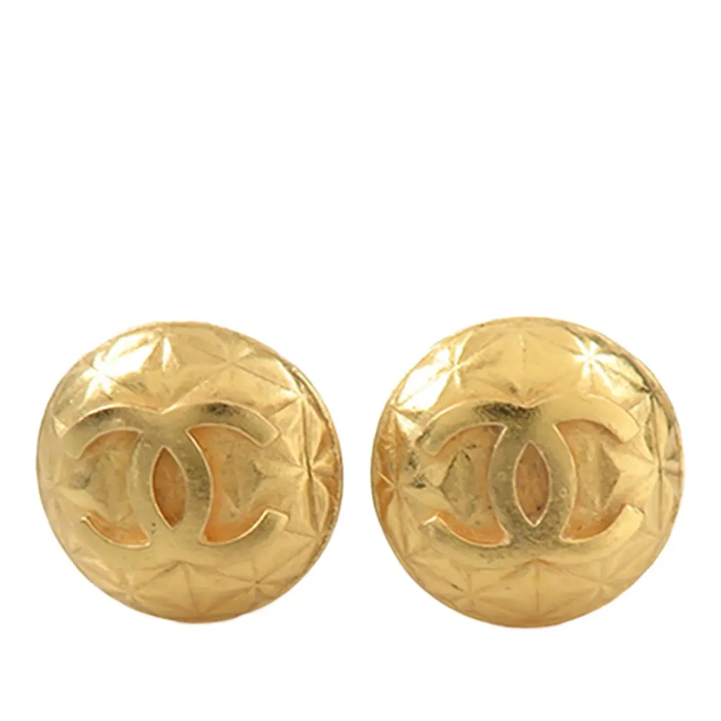Chanel CC Gold Plated Quilted Round Clip On Earrings Gold Metal Very good - Front View