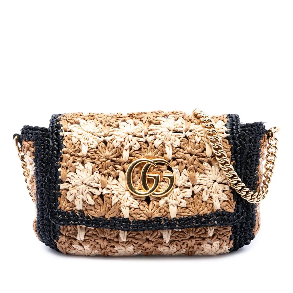 Gucci Small GG Marmont Raffia Crossbody Beige Very good - Front View