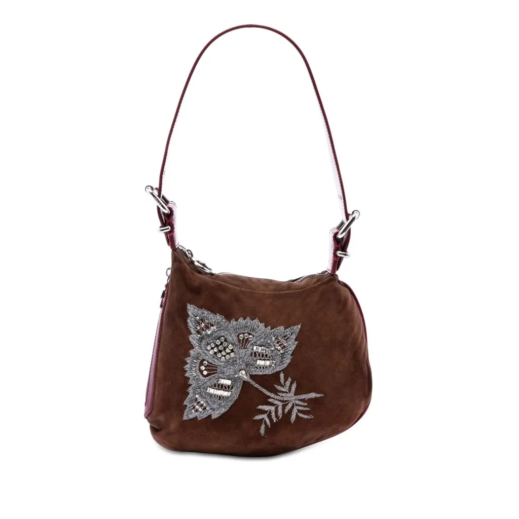 Fendi Sequin and Crystal Embellished Suede Oyster Shoulder Bag Brown Leather Very good - Front View