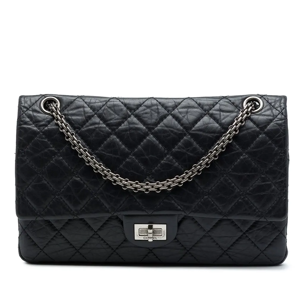 Chanel Quilted Aged Calfskin Reissue 2.55 Double Flap 226 Black Leather Good - Front View