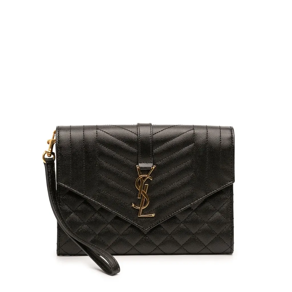 Saint Laurent Grain De Poudre Triquilt Monogram Envelope Clutch Black Leather Good - Front View