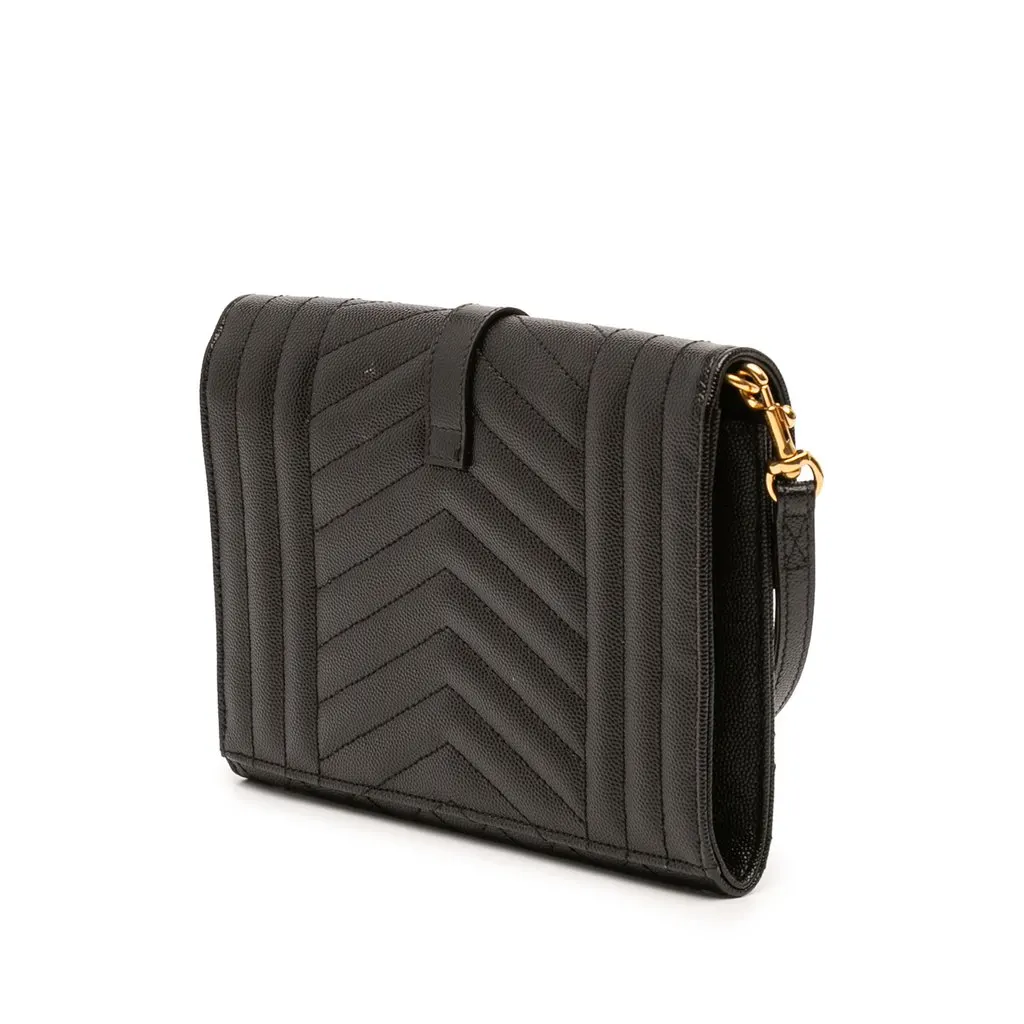 Saint Laurent Grain De Poudre Triquilt Monogram Envelope Clutch Black Leather Good - Back View