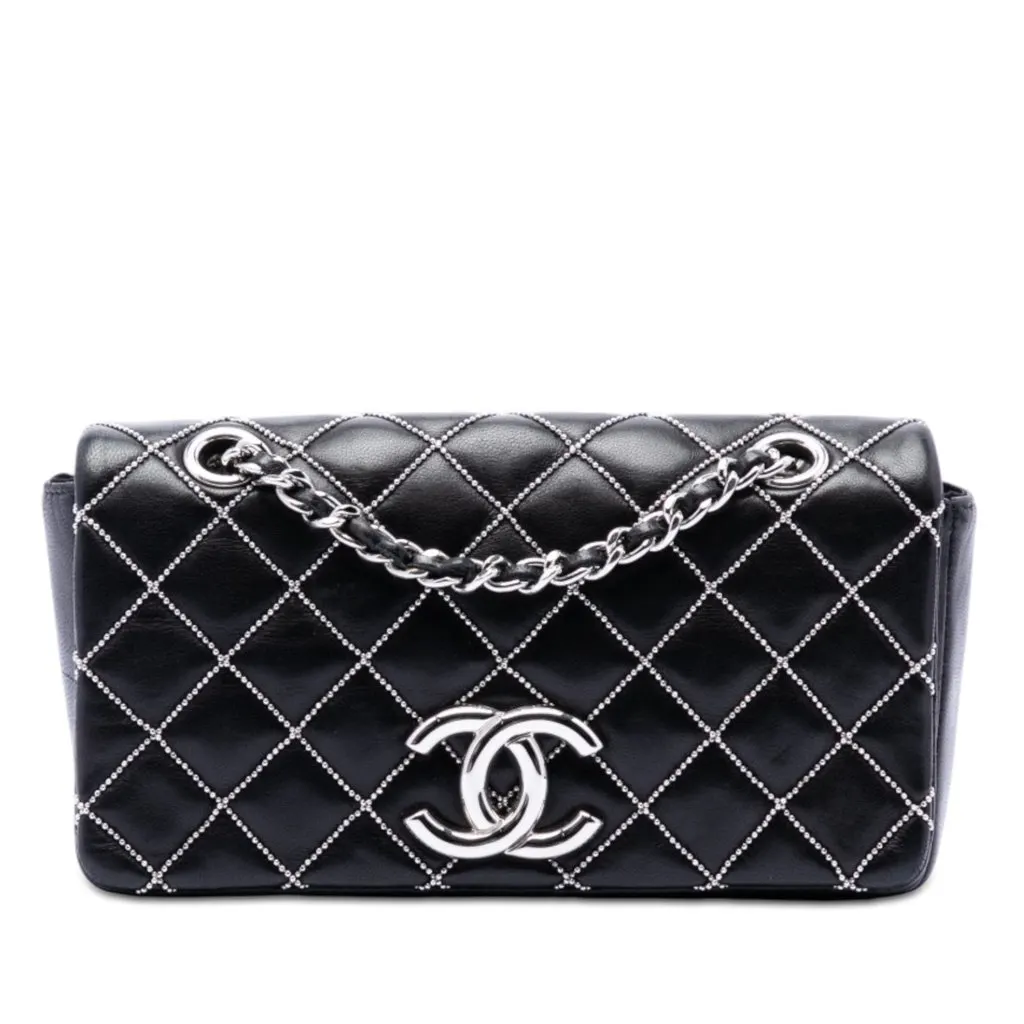Chanel Mini CC Quilted Lambskin Beaded Full Flap Black Leather Very good - Front View