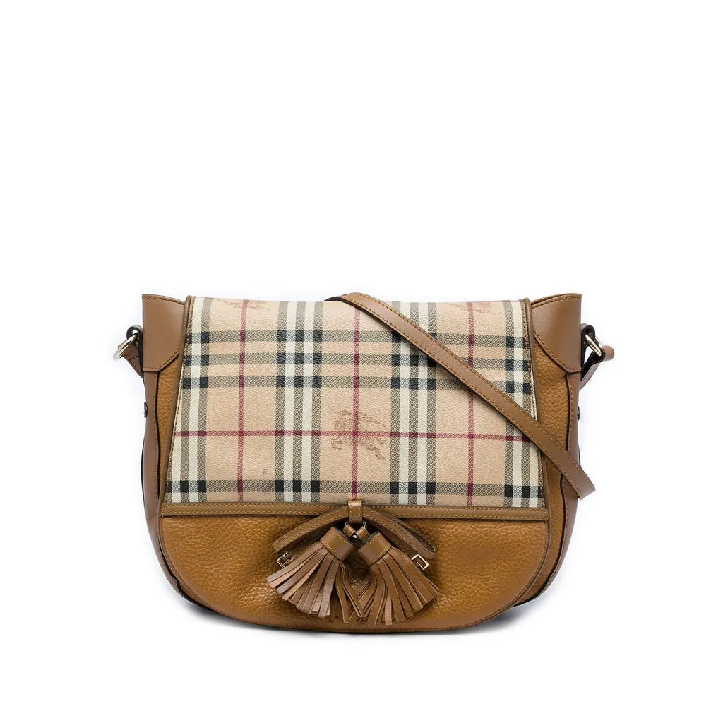 Burberry Haymarket Check Coated Canvas and Calfskin Flap Shoulder Bag Beige Canvas Very good - Front View
