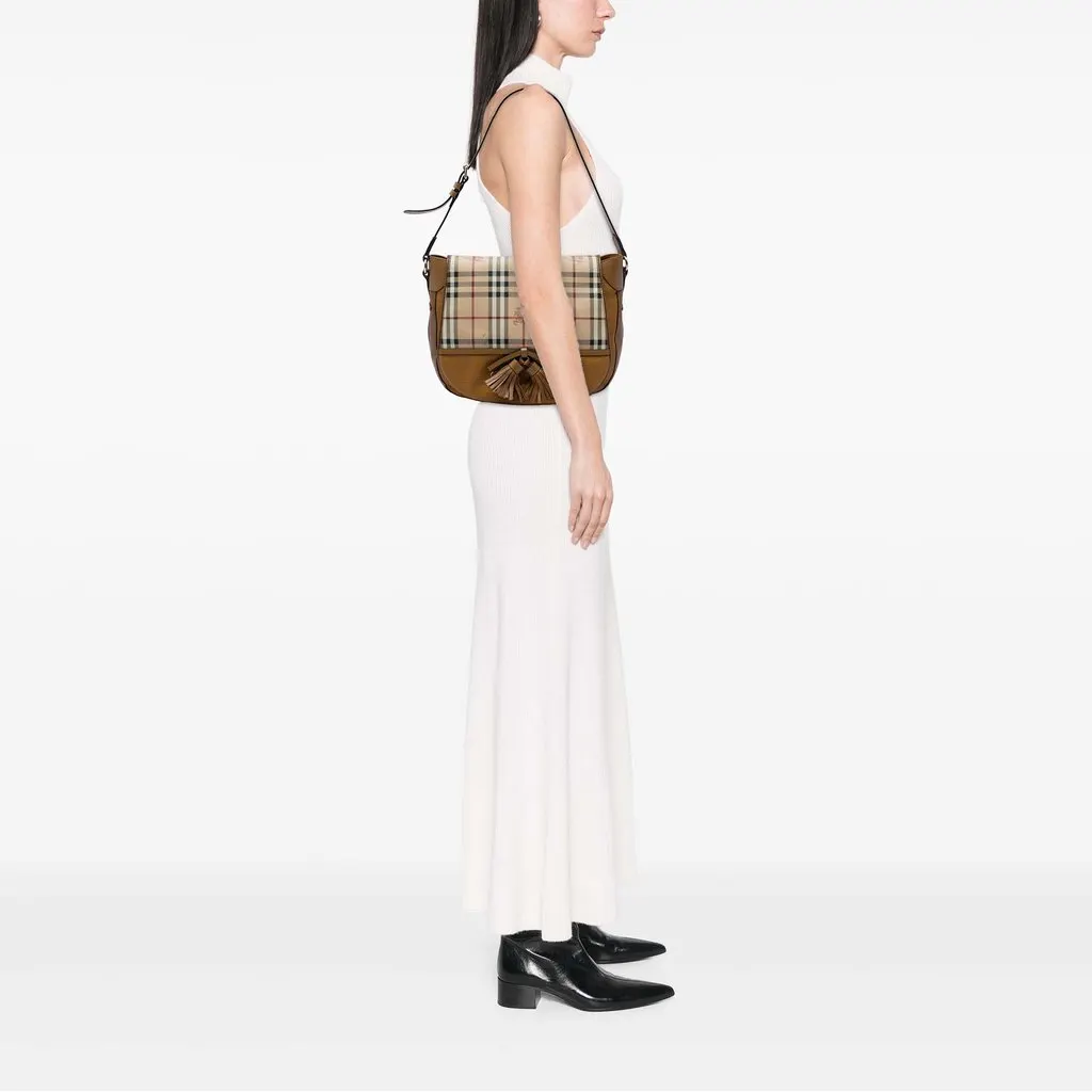 Burberry Haymarket Check Coated Canvas and Calfskin Flap Shoulder Bag Beige Canvas Very good - Box View