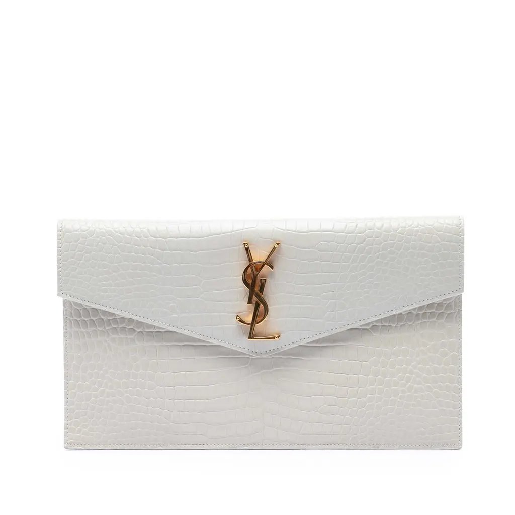 Saint Laurent Croc Embossed Leather Uptown Pouch White Leather Very good - Front View