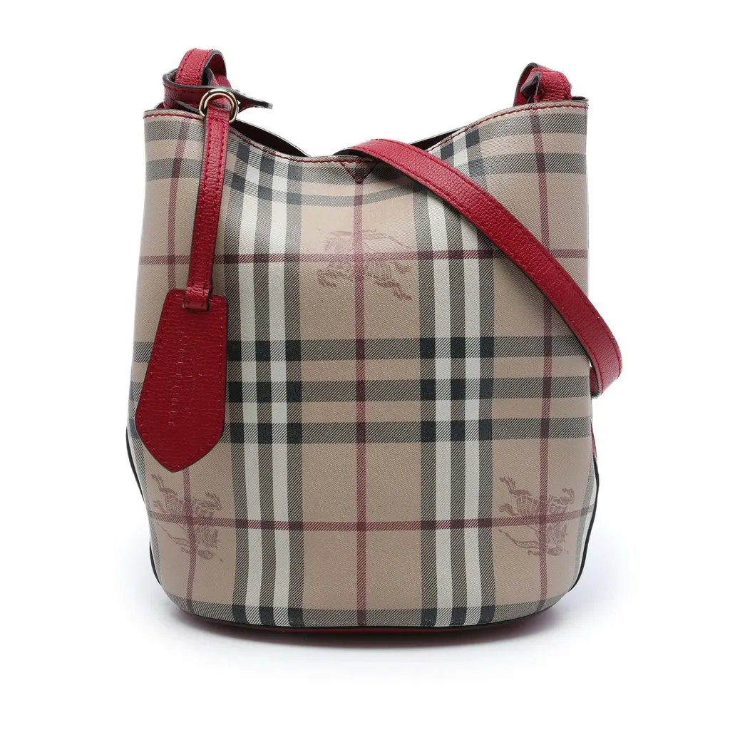 Burberry Haymarket Check Coated Canvas Lorne Bucket Bag Beige Canvas Very good - Front View