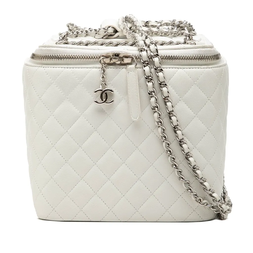 Chanel Large Quilted Lambskin Top Handle Jewelry Box With Chain White Leather Very good - Front View