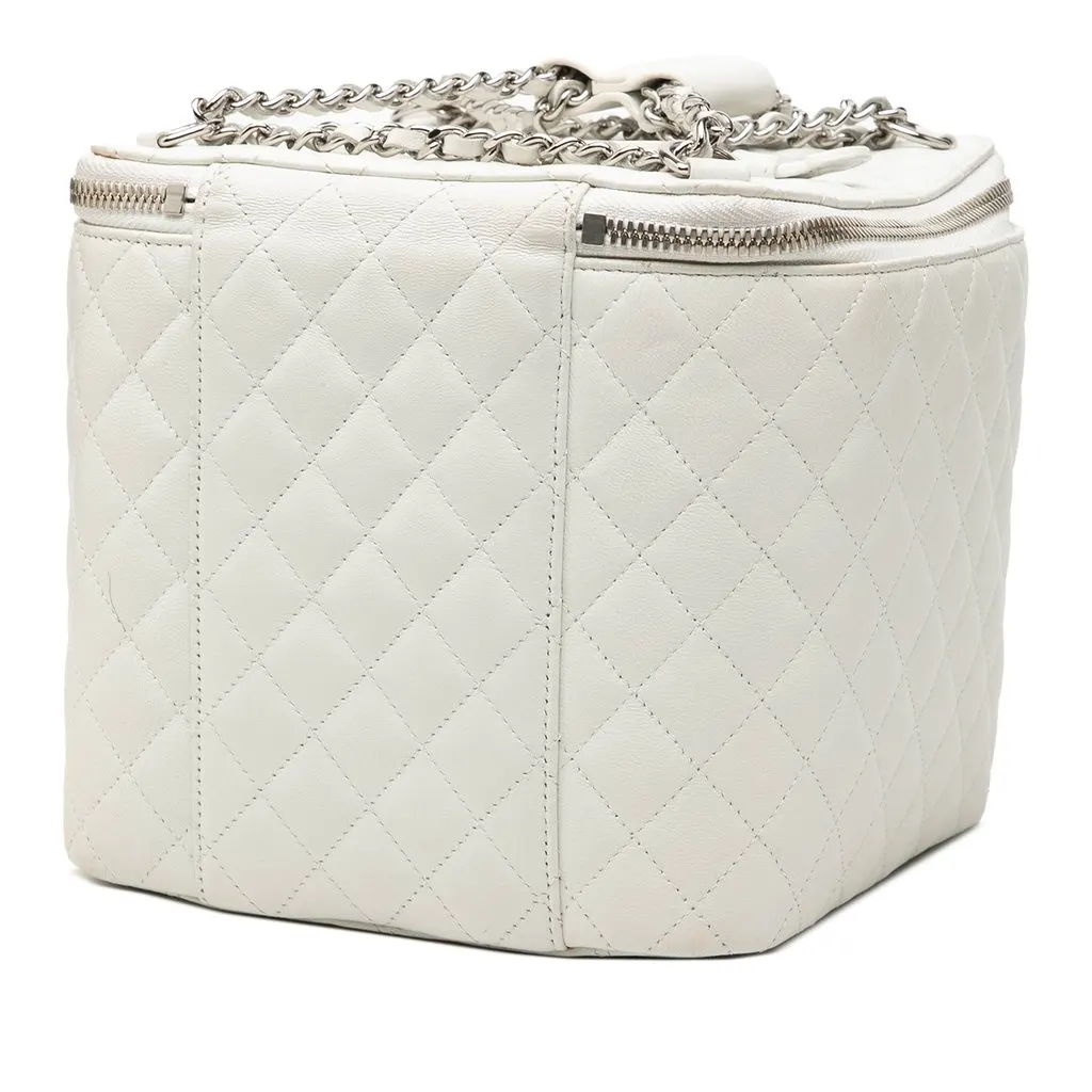 Chanel Large Quilted Lambskin Top Handle Jewelry Box With Chain White Leather Very good - Back View