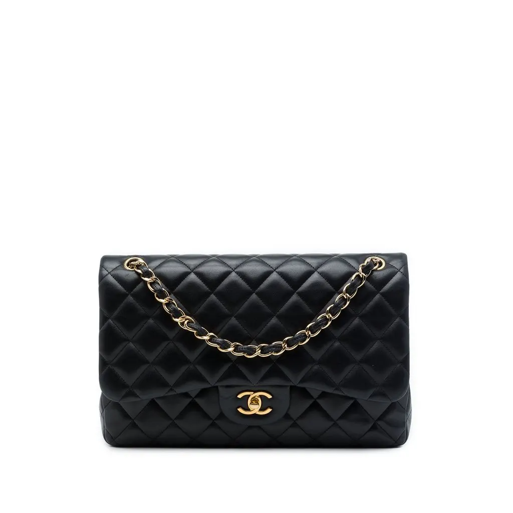 Chanel Jumbo Classic Lambskin Double Flap Black Leather Very good - Front View