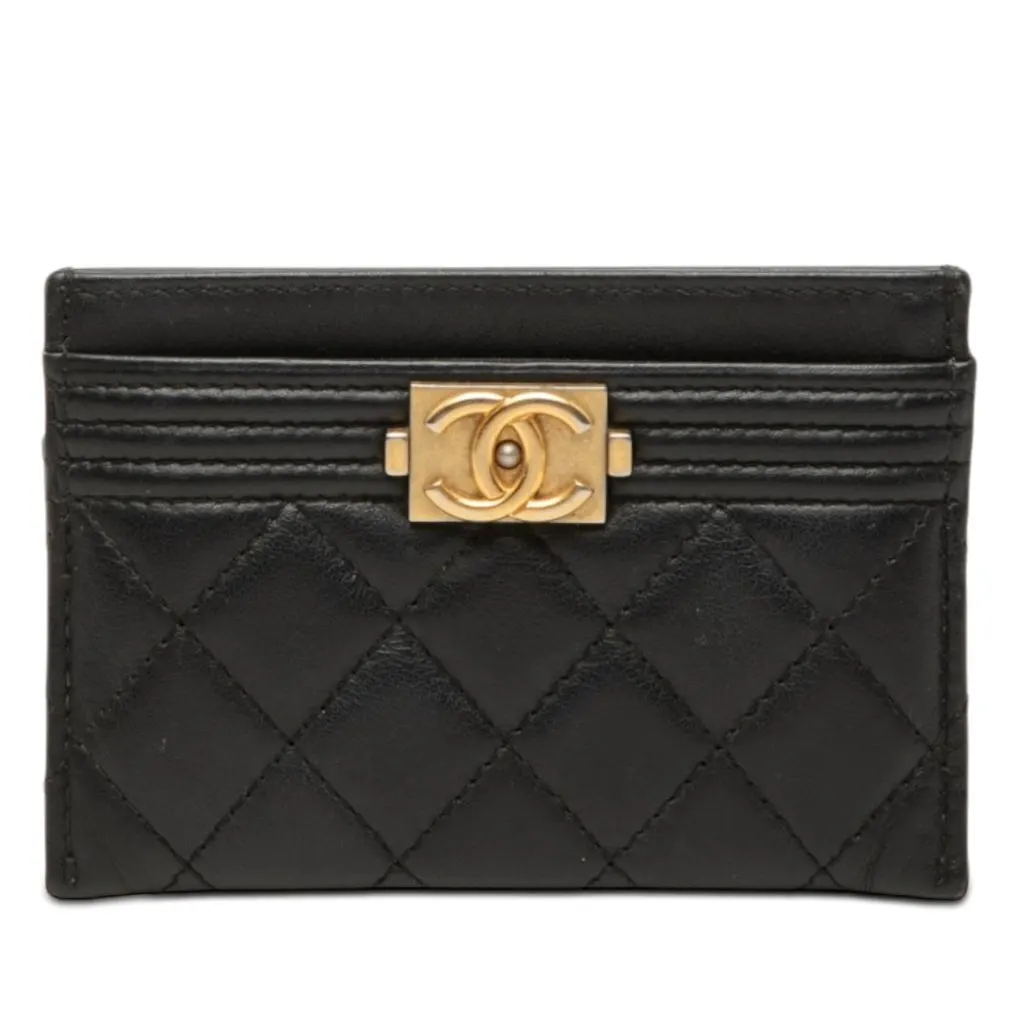 Chanel Quilted Lambskin Boy Card Holder Black Leather Very good - Front View