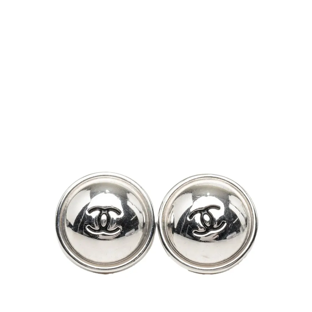 Chanel CC Silver Plated Button Push Back Earrings Silver Metal Very good - Front View