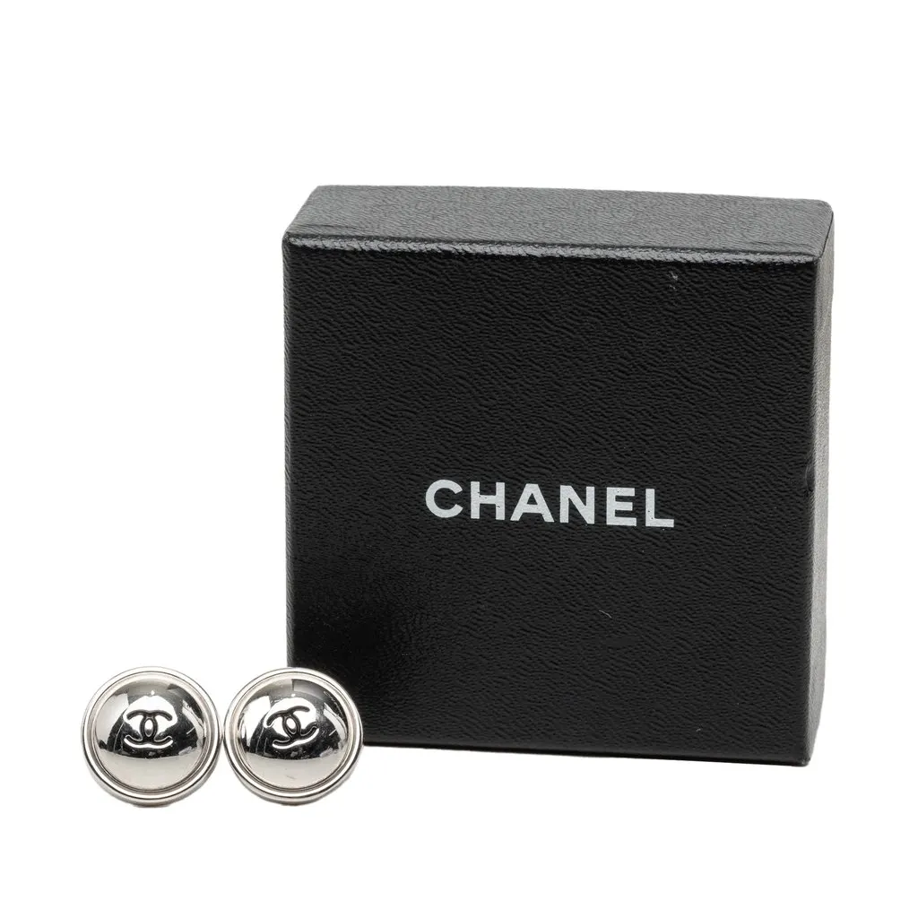 Chanel CC Silver Plated Button Push Back Earrings Silver Metal Very good - Model View