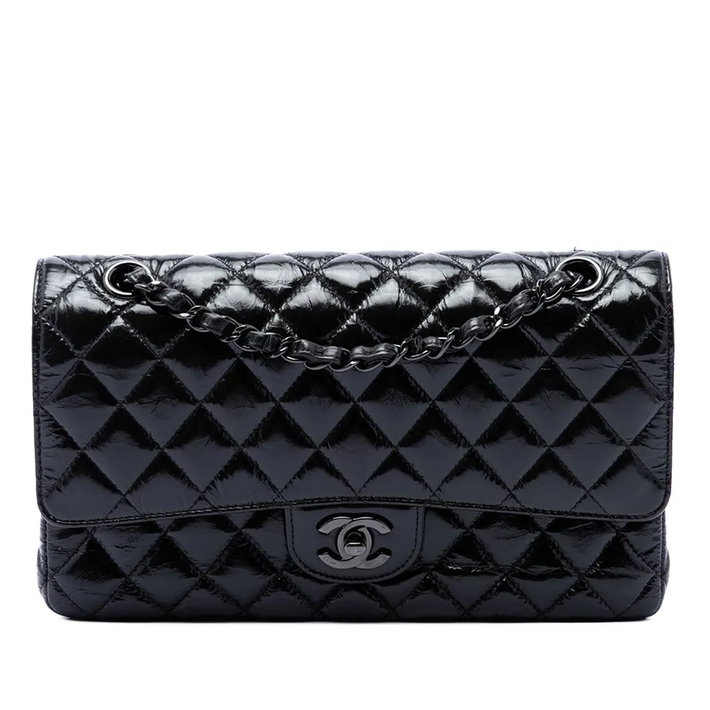 Chanel Medium Classic Shiny Crumpled Calfskin So Black Double Flap Black Leather Very good - Front View
