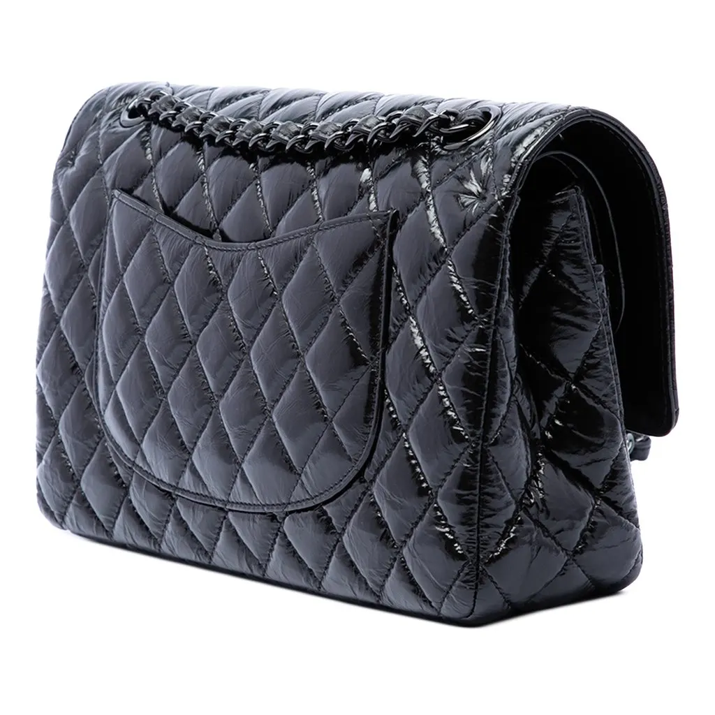 Chanel Medium Classic Shiny Crumpled Calfskin So Black Double Flap Black Leather Very good - Back View