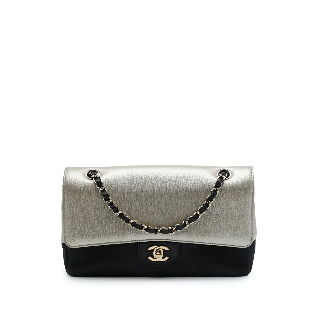Chanel Medium Classic Bicolor Caviar and Iridescent Calfskin Double Flap Silver Leather Very good - Front View
