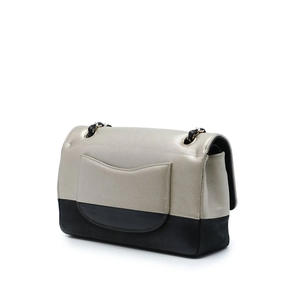 Chanel Medium Classic Bicolor Caviar and Iridescent Calfskin Double Flap Silver Leather Very good - Back View