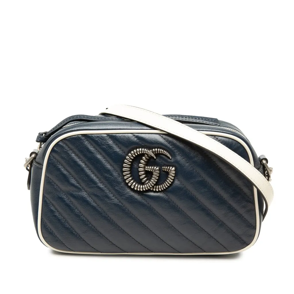 Gucci Small GG Marmont Matelasse Diagonal Calfskin Torchon Crossbody Blue Leather Good - Front View