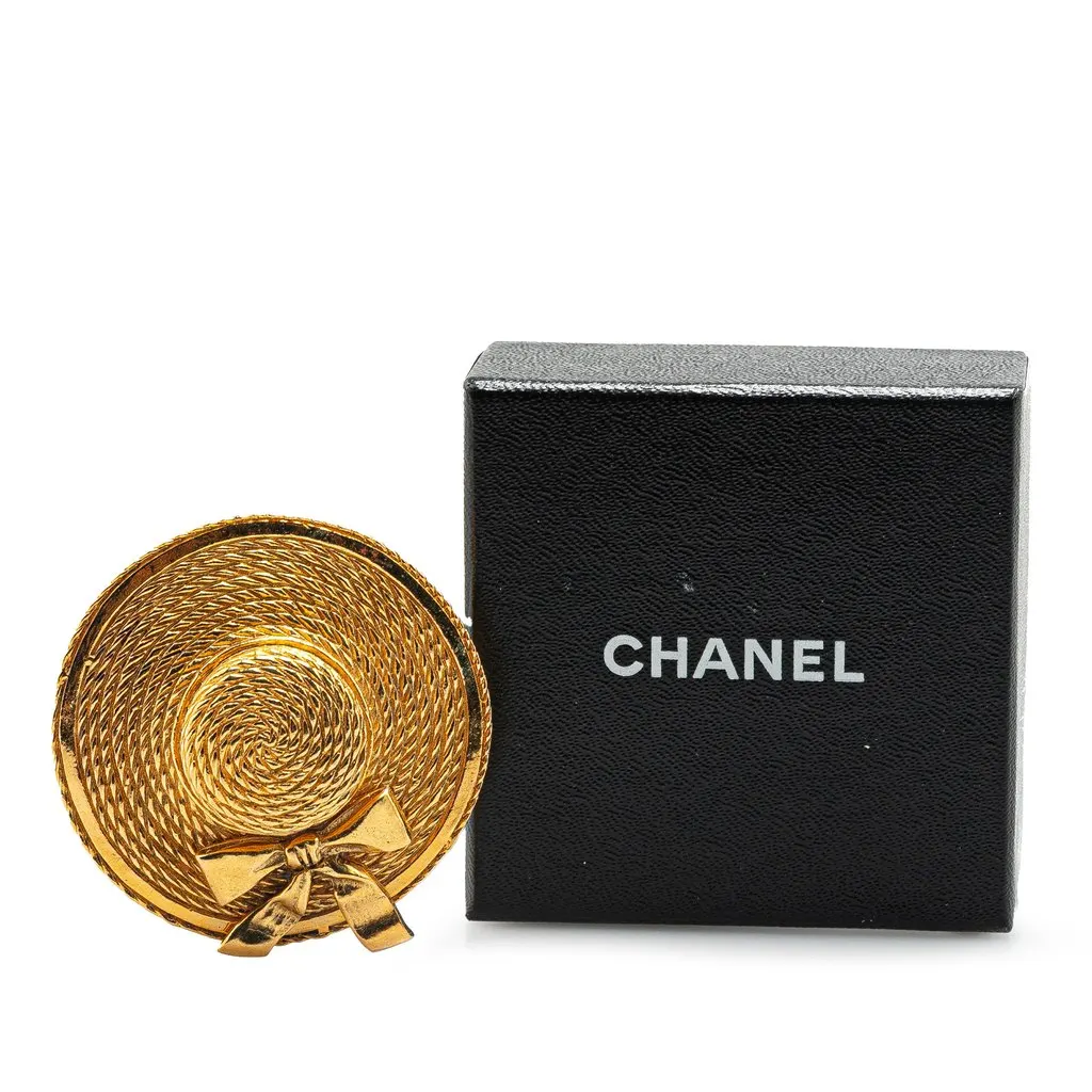 Chanel Gold Plated Straw Hat Brooch Gold Metal Very good - Box View